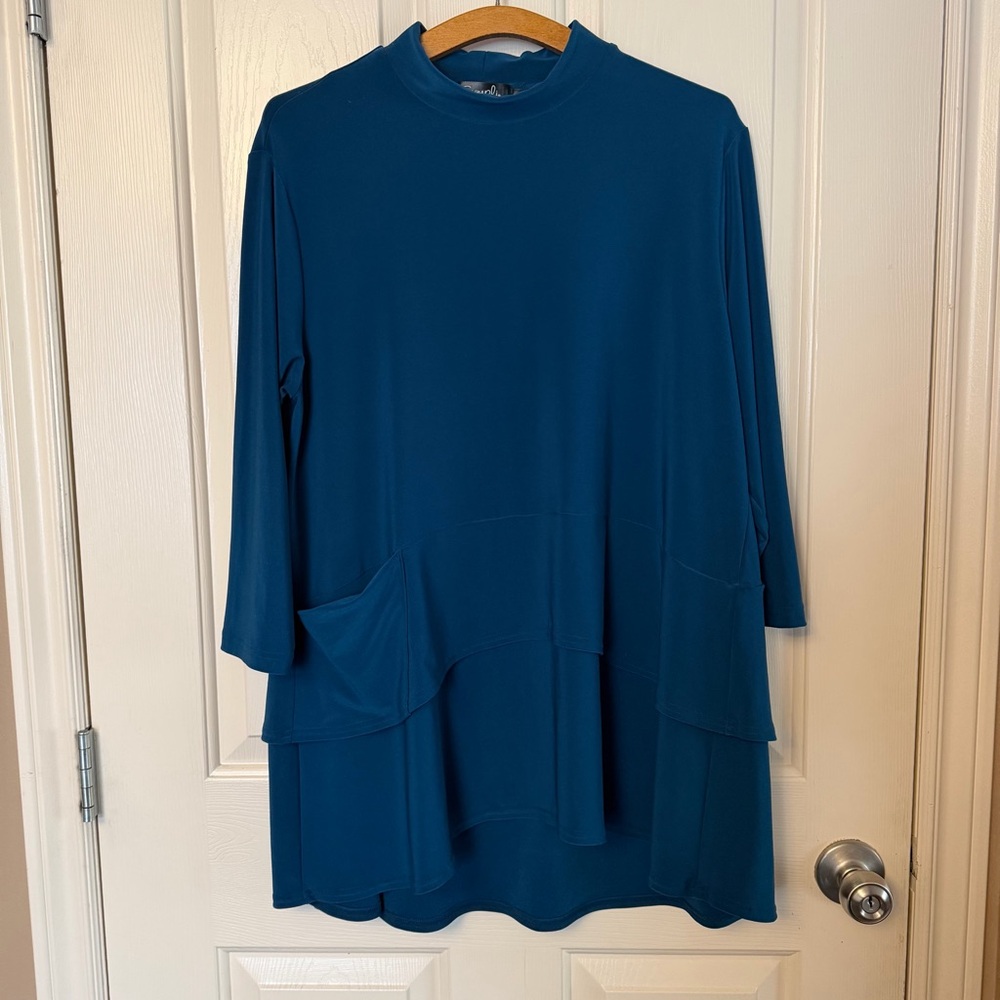 Sympli Women's Teal Long-Sleeve Tunic Top - Relaxed Fit Size 14